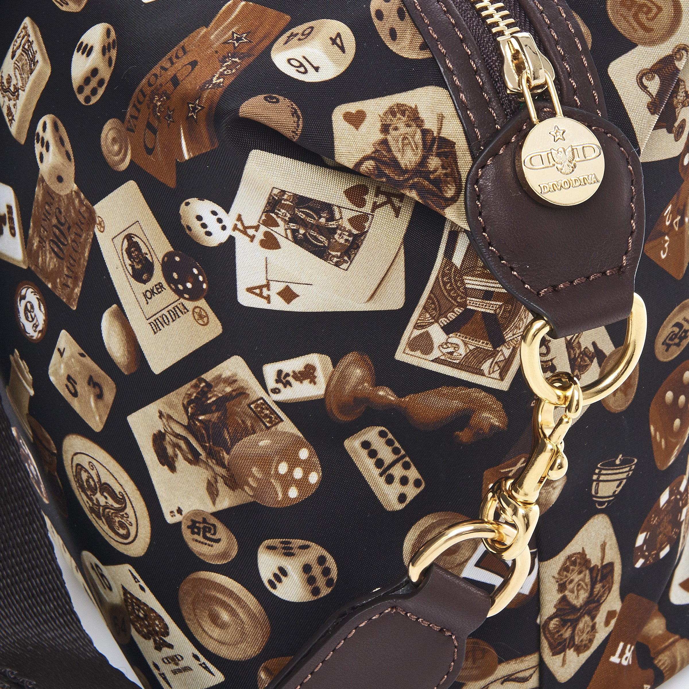 Dublin Nylon Shoulder Bag with Classic Gambling Design Brown/Cocoa
