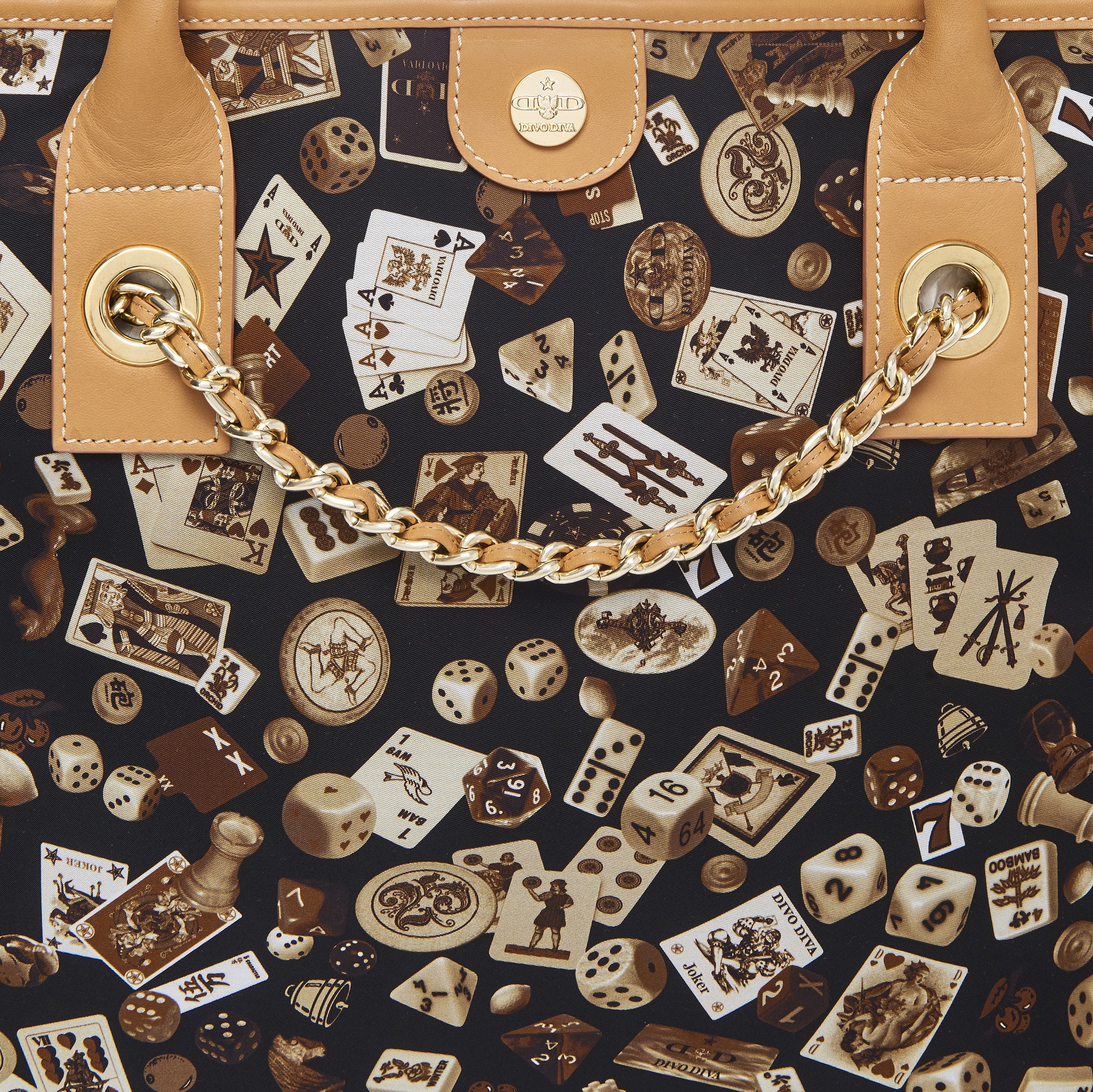 Macao Borsa shopping grande con catene in Nylon con Disegno Gambling Classic Marrone/Biscotto