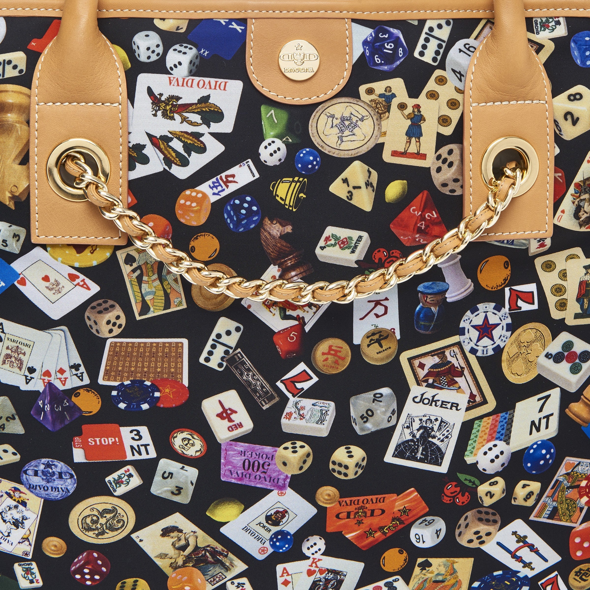 Macao Borsa shopping grande con catene in Nylon con Disegno Gambling Multicolor Nero/Biscotto