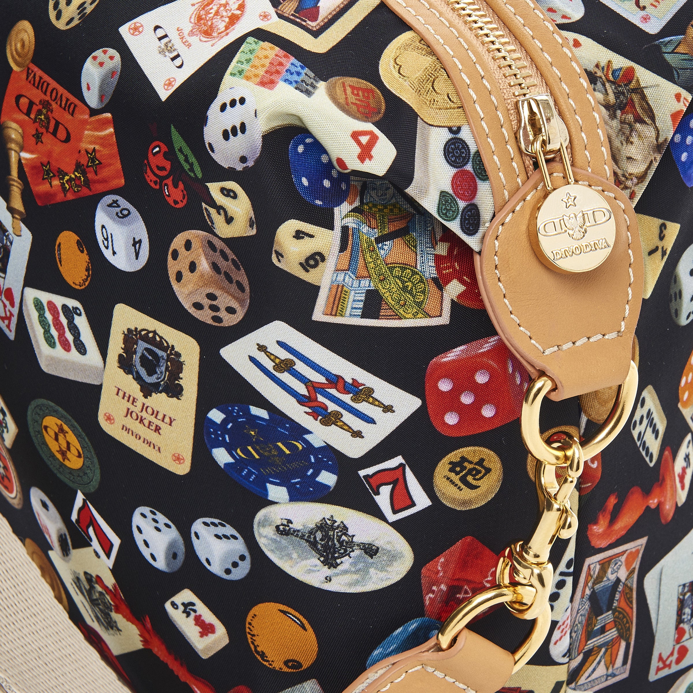 Dublin Nylon Shoulder Bag with Multicolor Gambling Design Black/Biscuit
