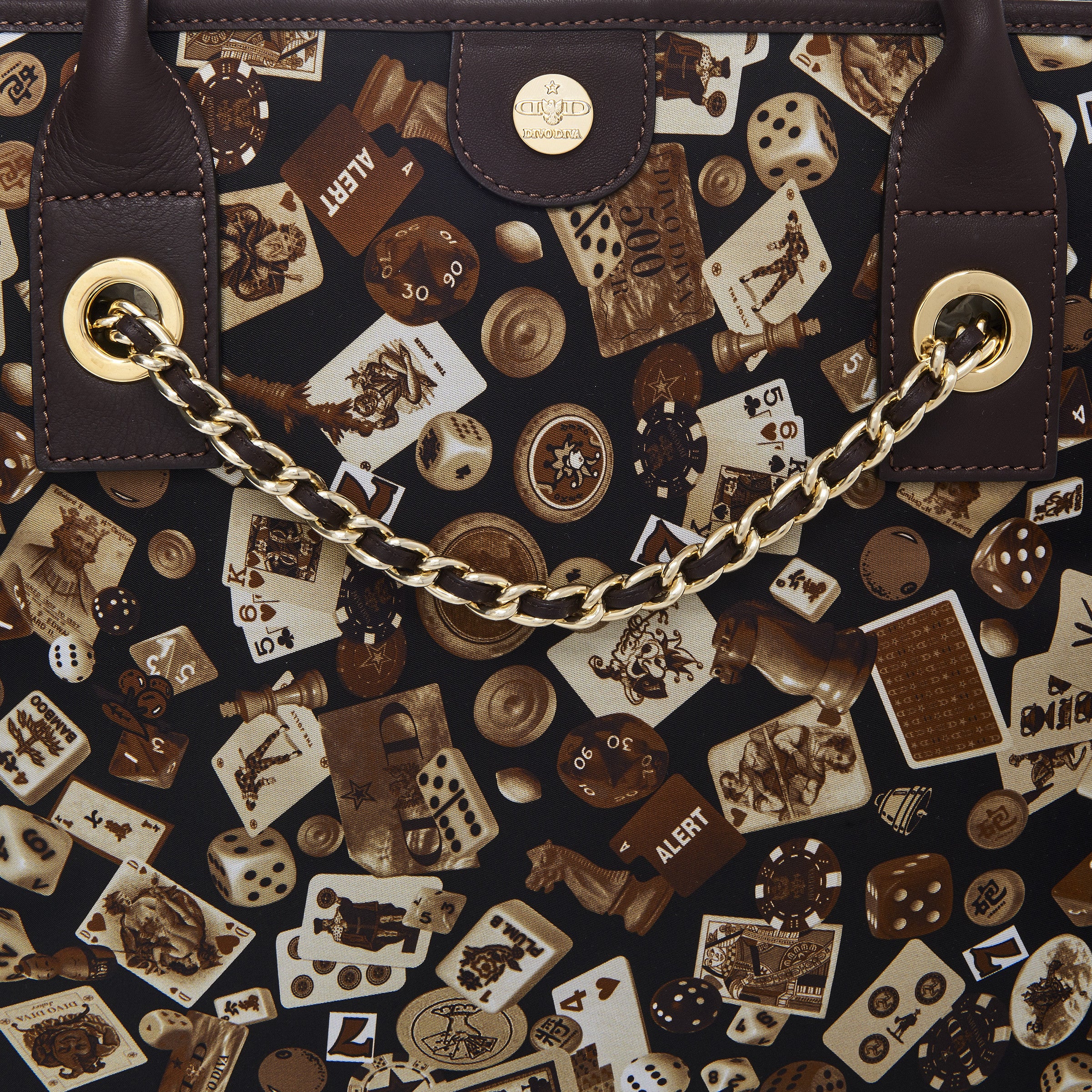 Macao Borsa shopping grande con catene in Nylon con Disegno Gambling Classic Marrone/Cacao