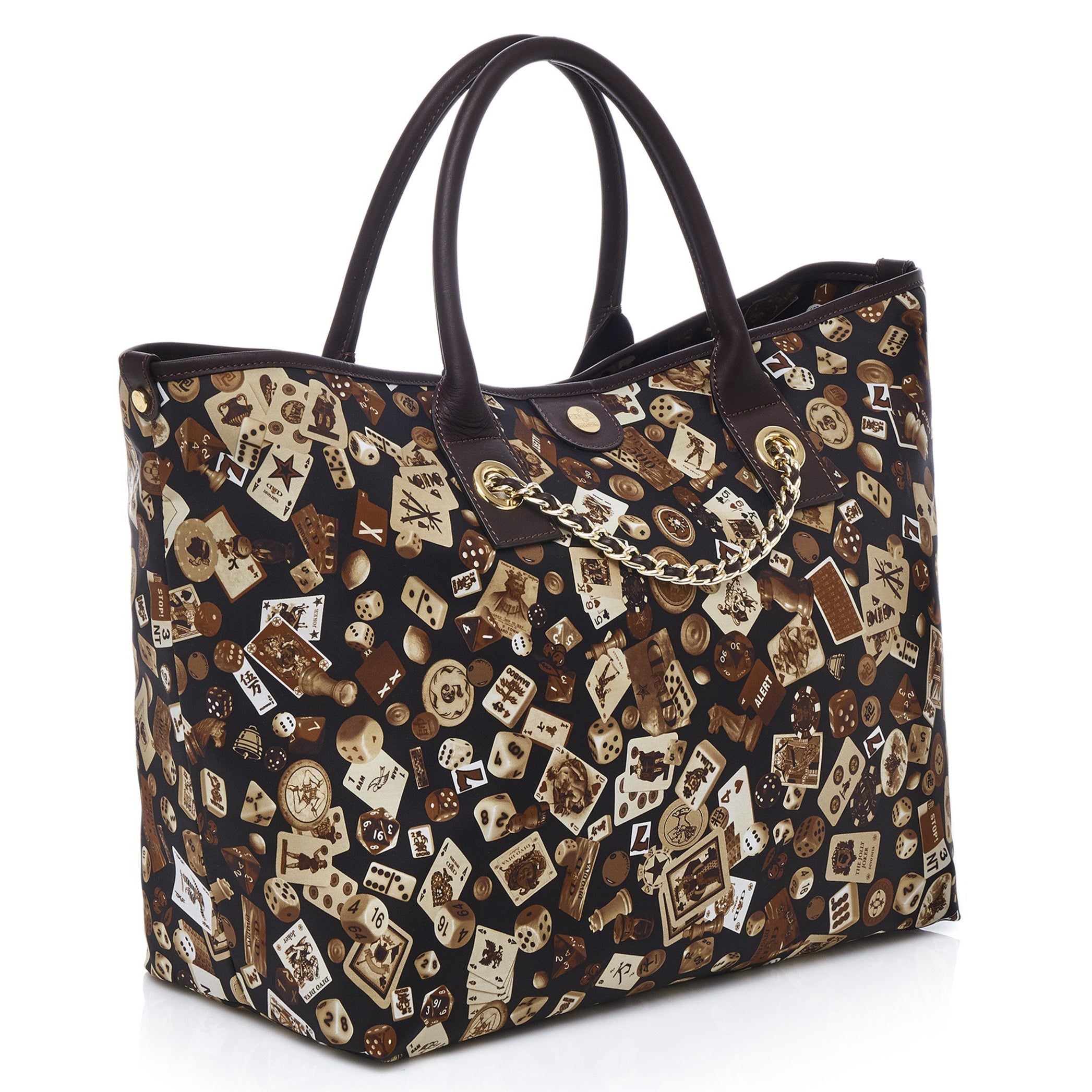 Macao Borsa shopping grande con catene in Nylon con Disegno Gambling Classic Marrone/Cacao