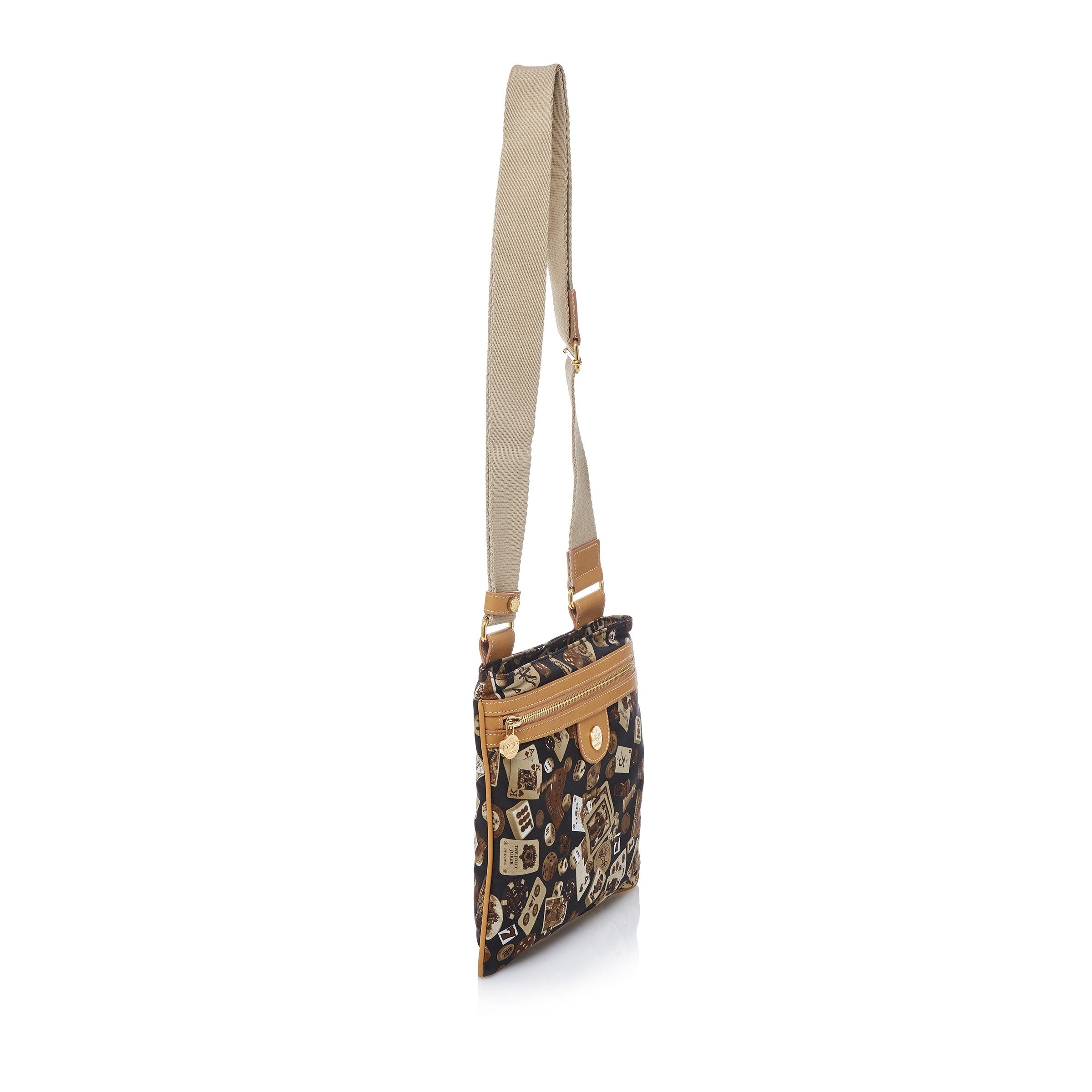 Madrid Tracolla piatta in Nylon con Disegno Gambling Classic Marrone/Biscotto