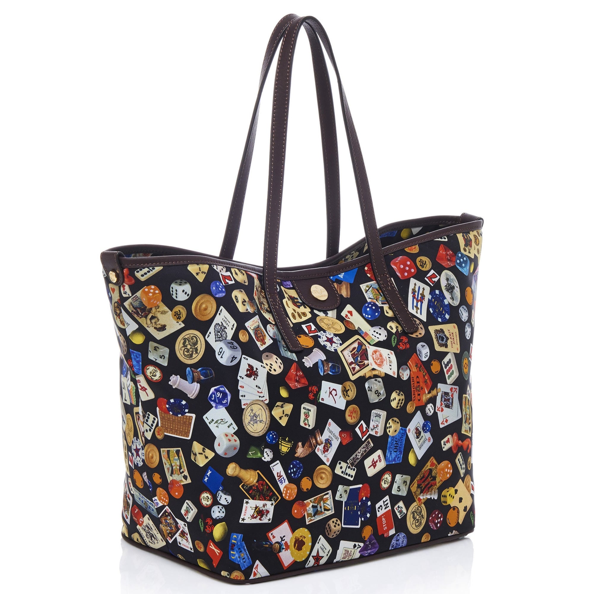 Sanremo Borsa shopping medium in Nylon with Multicolor Gambling Design Black/Cocoa