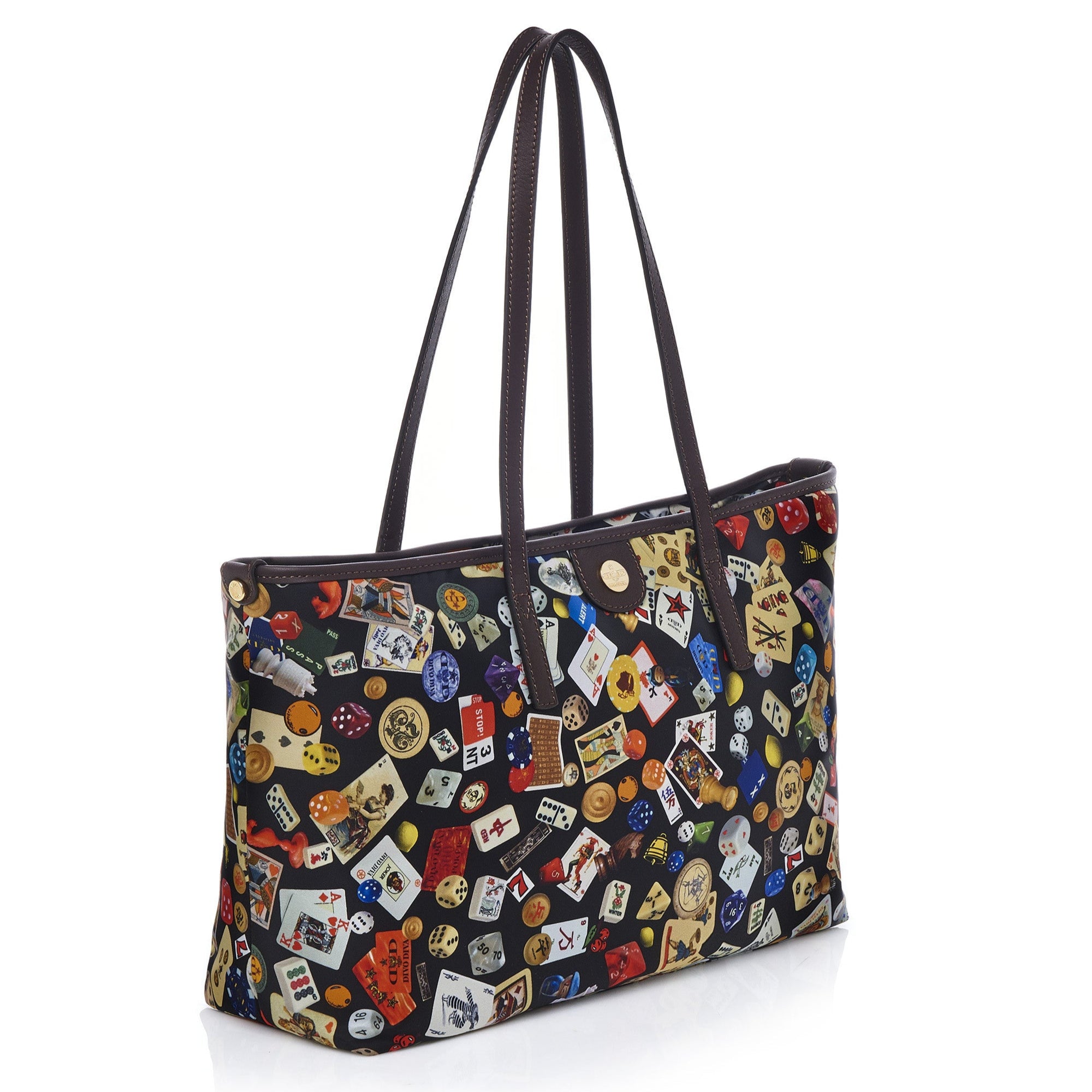 Marbella Borsa shopping medium with zip in Nylon with Gambling Multicolor Black/Cocoa design