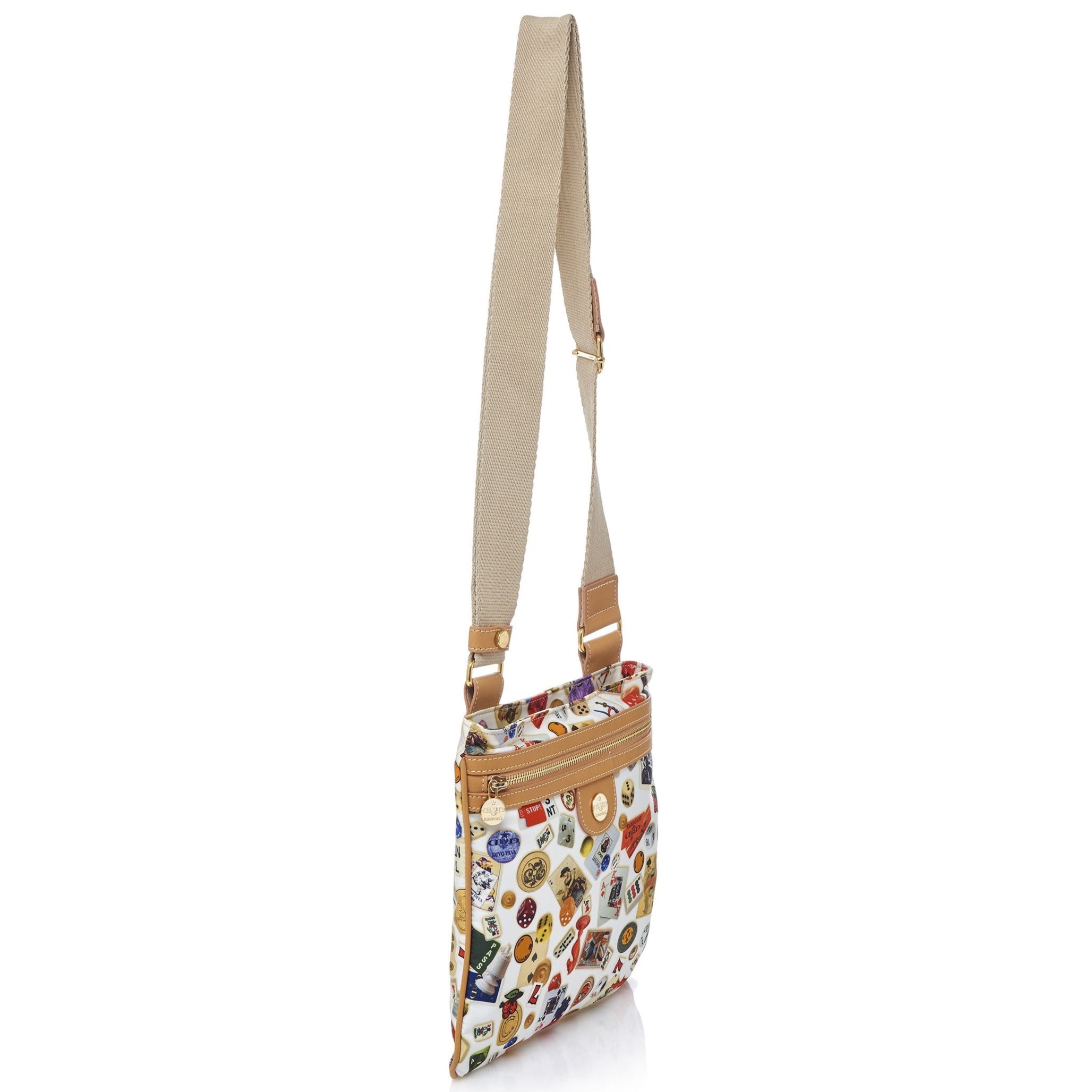 Madrid Tracolla piatta in Nylon con Disegno Gambling Multicolor Bianco/Biscotto