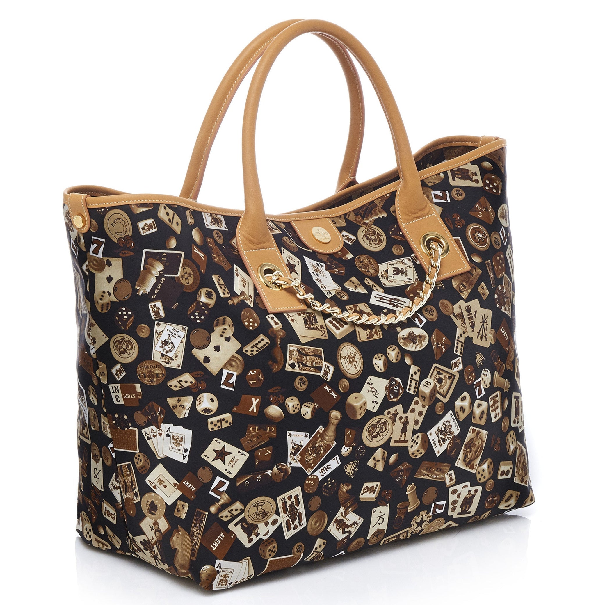 Macao Borsa shopping grande con catene in Nylon con Disegno Gambling Classic Marrone/Biscotto