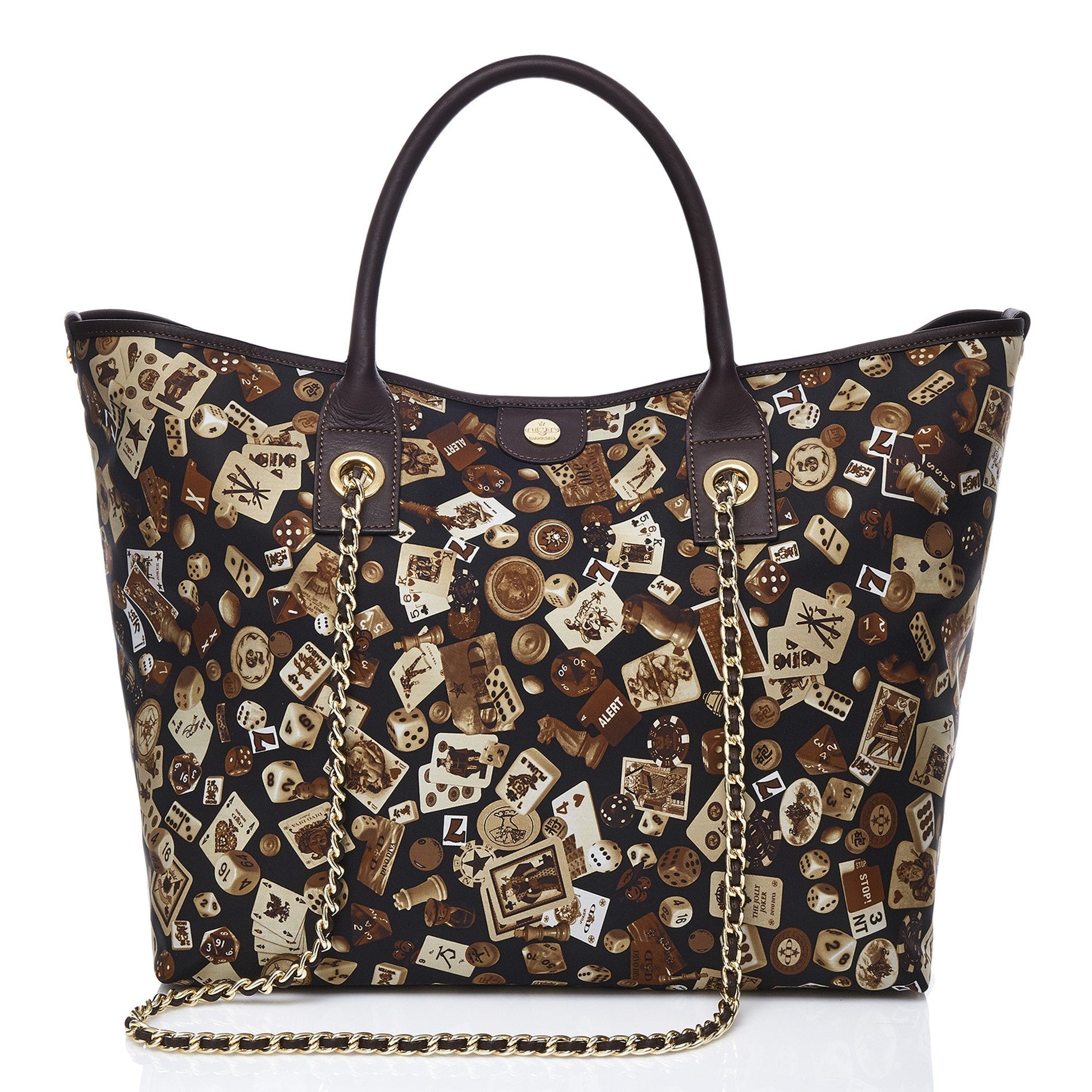 Macao Borsa shopping grande con catene in Nylon con Disegno Gambling Classic Marrone/Cacao