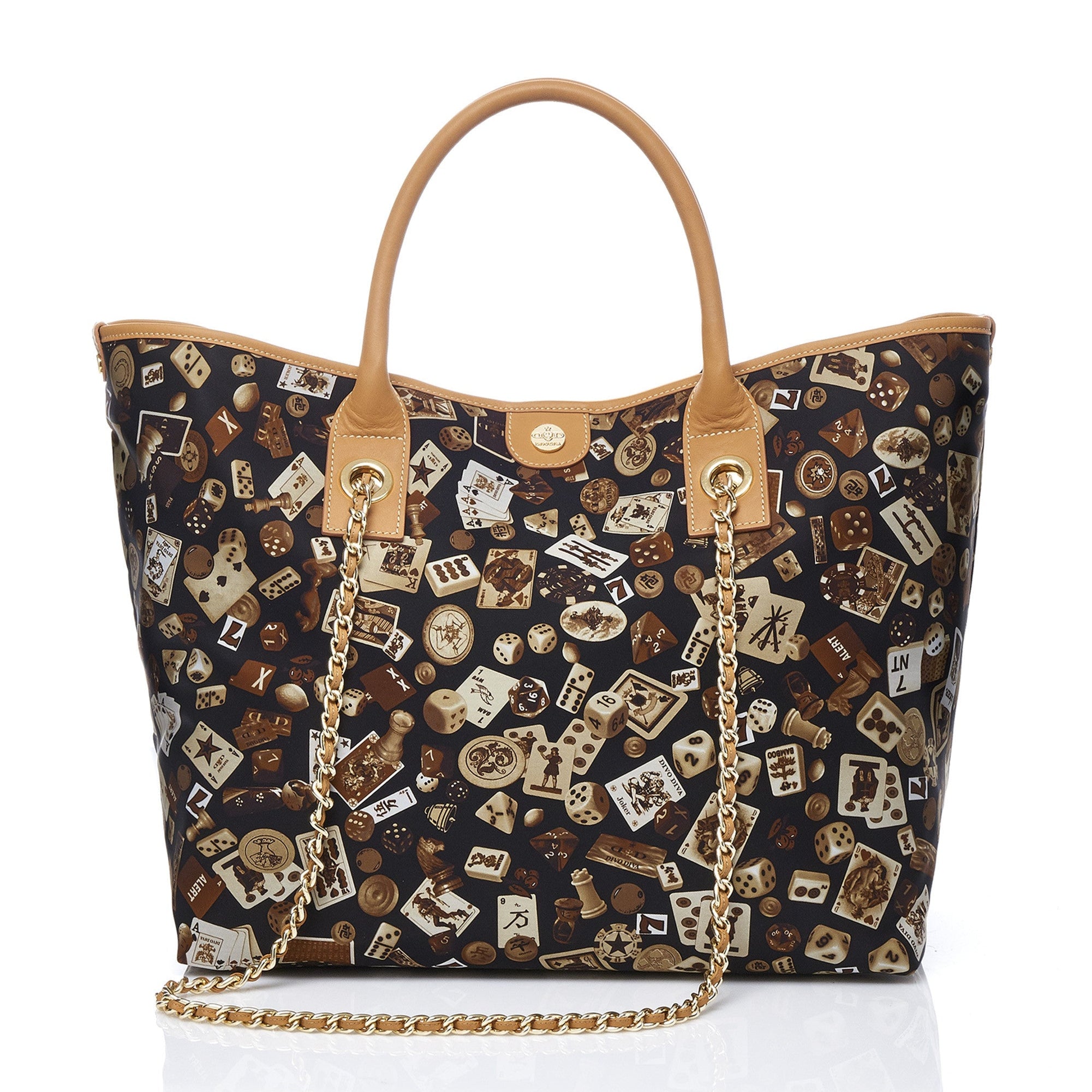 Macao Borsa shopping grande con catene in Nylon con Disegno Gambling Classic Marrone/Biscotto