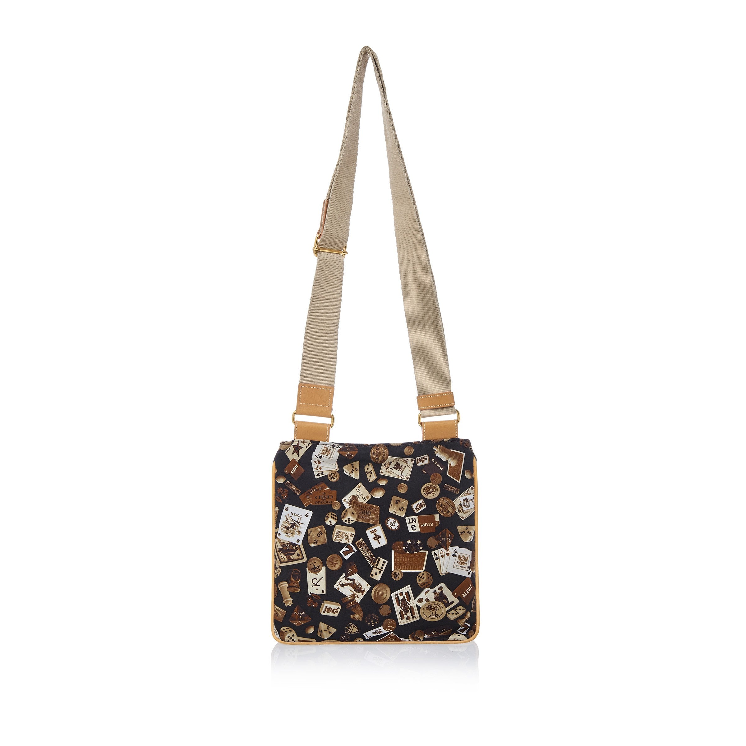 Madrid Tracolla piatta in Nylon con Disegno Gambling Classic Marrone/Biscotto