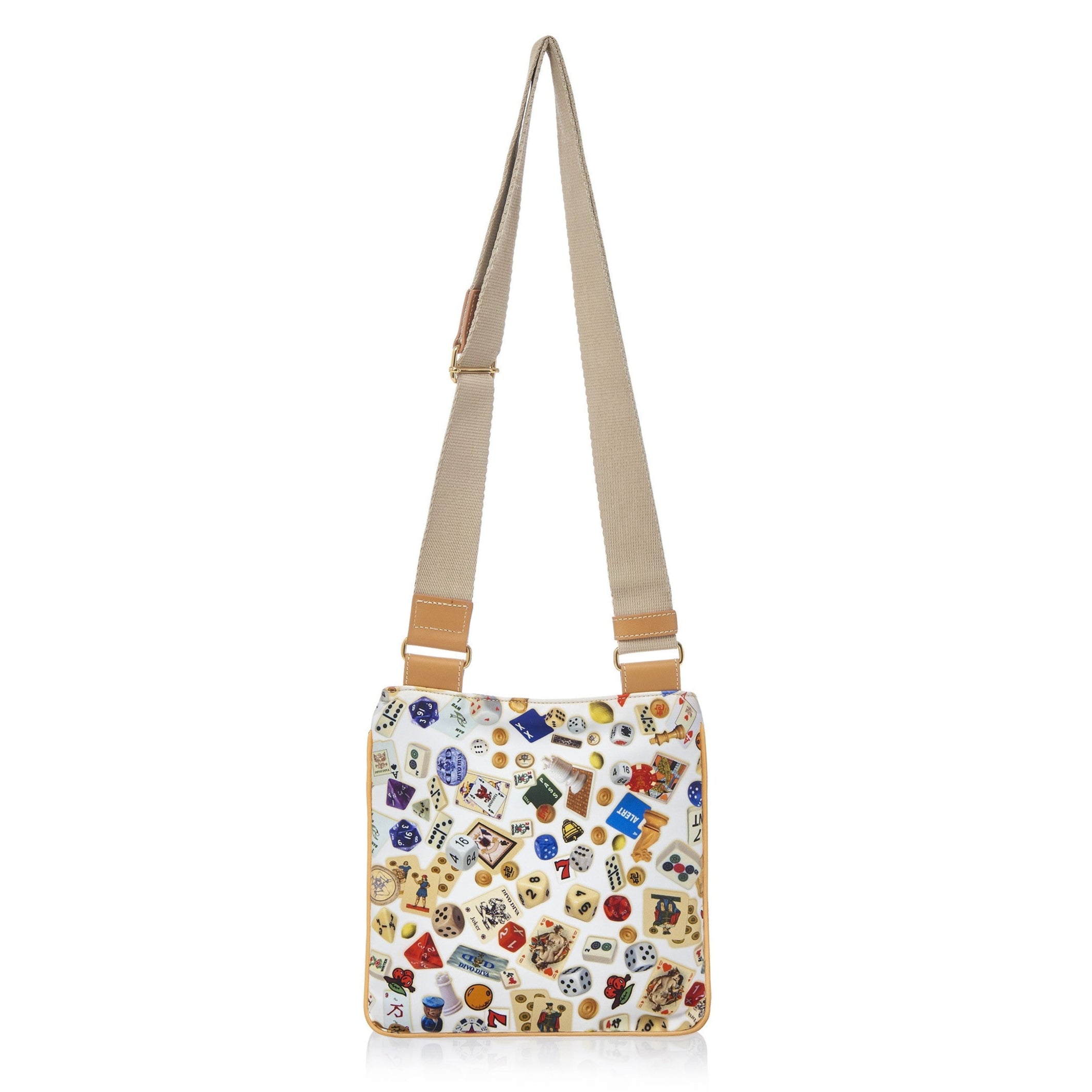 Madrid Tracolla piatta in Nylon con Disegno Gambling Multicolor Bianco/Biscotto