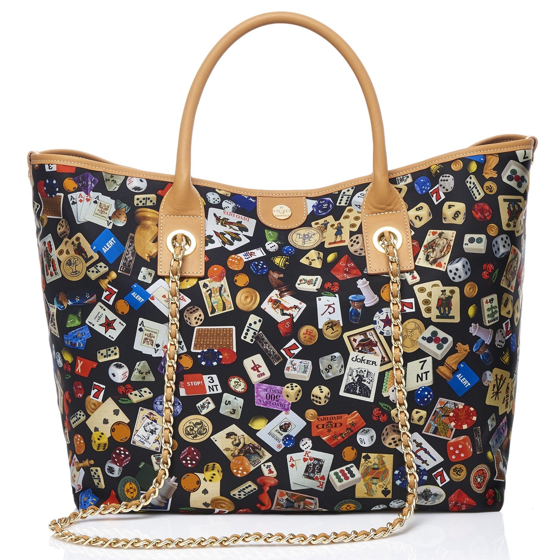 Macao Borsa shopping grande con catene in Nylon con Disegno Gambling Multicolor Nero/Biscotto