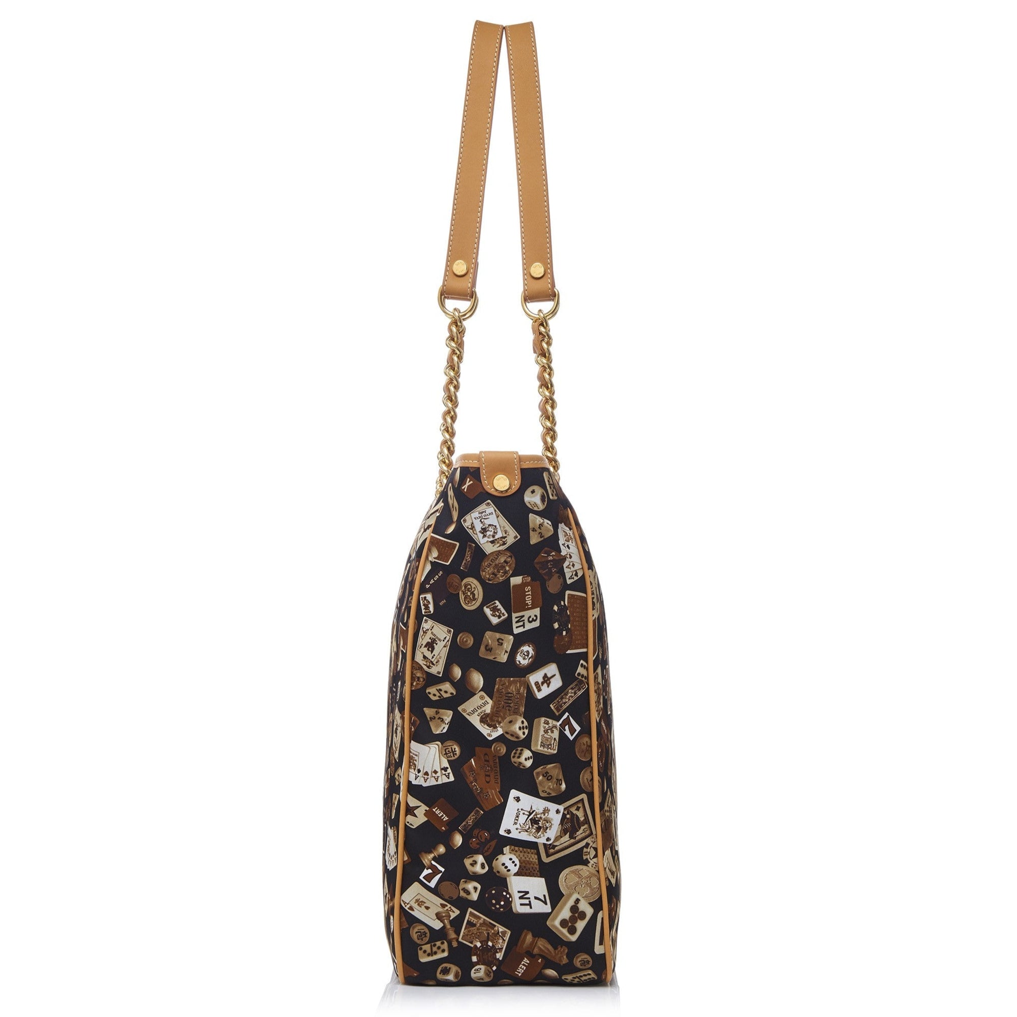 Miami Borsa shopping media con catene in Nylon con Disegno Gambling Classic Marrone/Biscotto