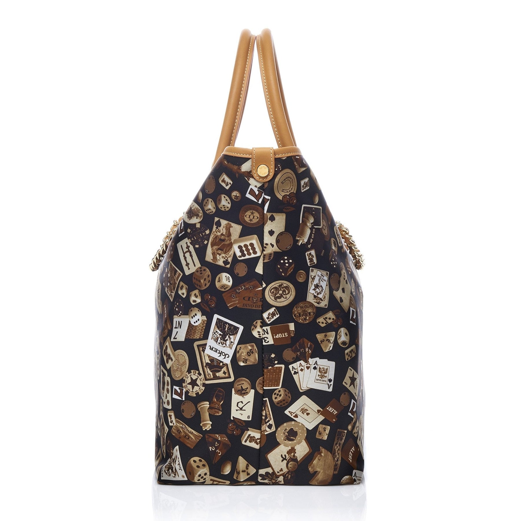 Macao Borsa shopping grande con catene in Nylon con Disegno Gambling Classic Marrone/Biscotto