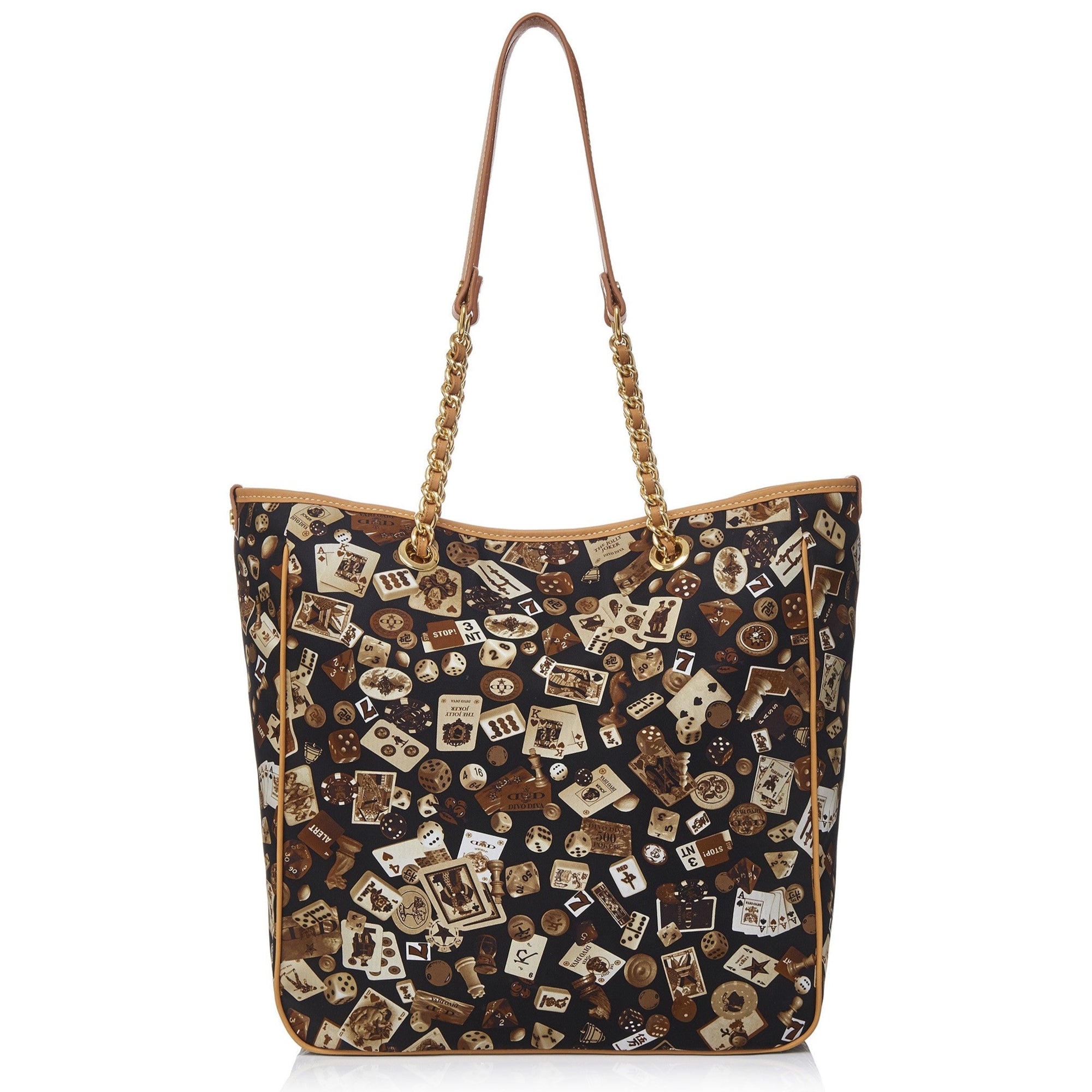 Miami Borsa shopping media con catene in Nylon con Disegno Gambling Classic Marrone/Biscotto