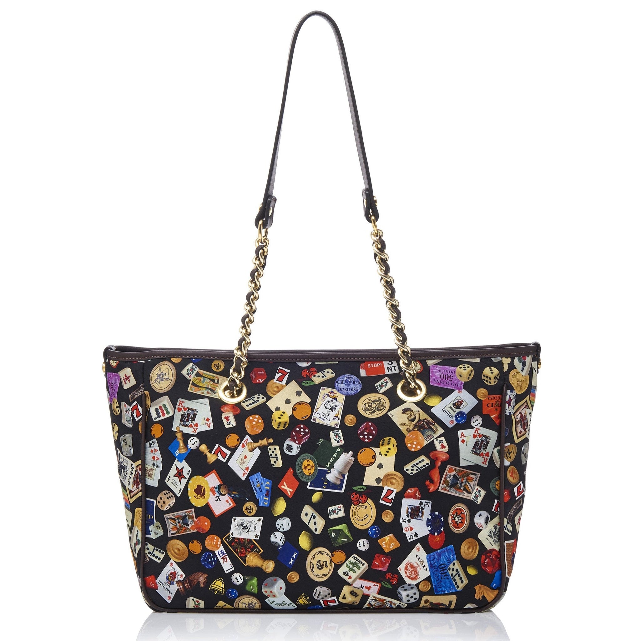 Antibes Borsa shopping piccola con zip e catene in Nylon con Disegno Gambling Multicolor Nero/Cacao