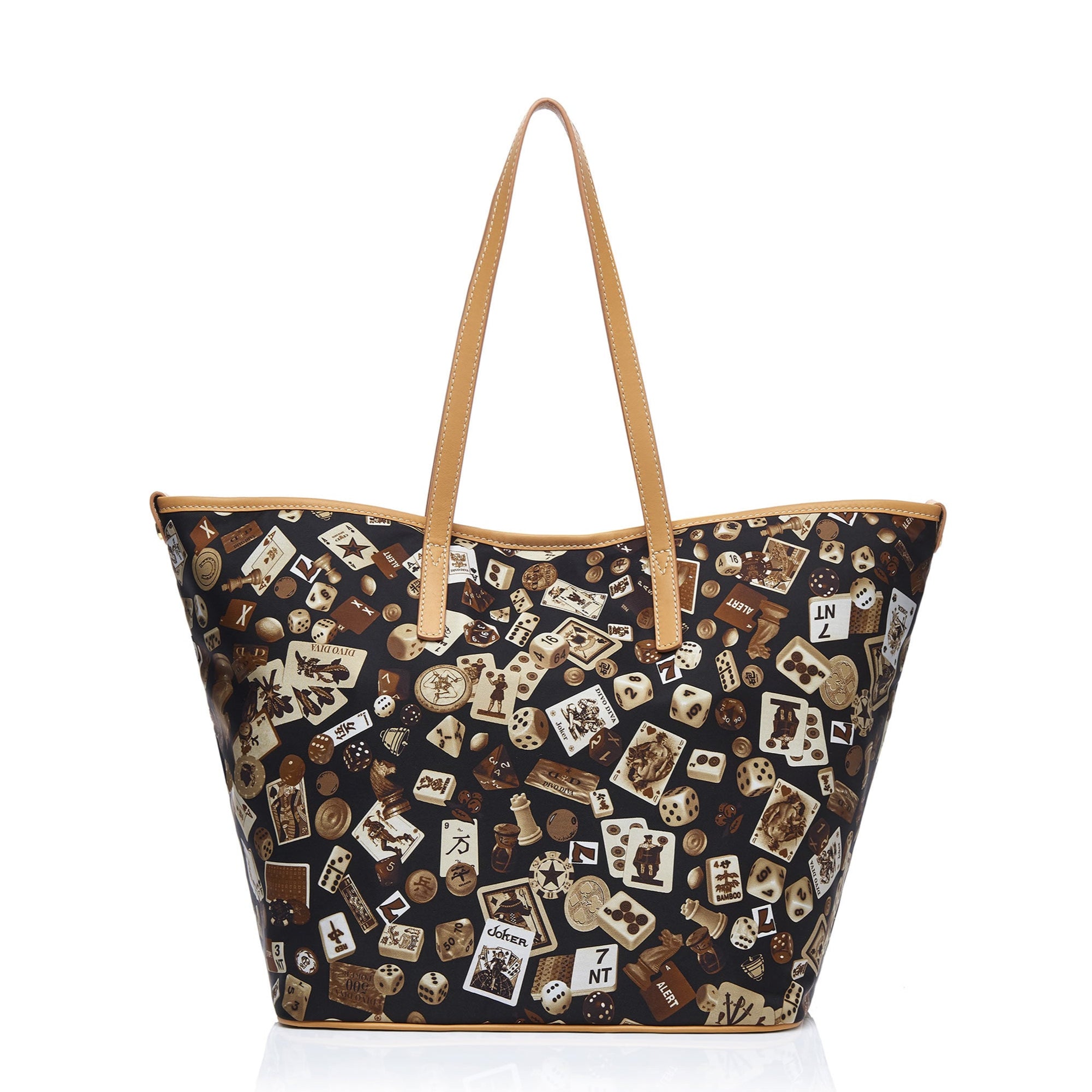 Sanremo Borsa shopping media in Nylon con Disegno Gambling Classic Marrone/Biscotto