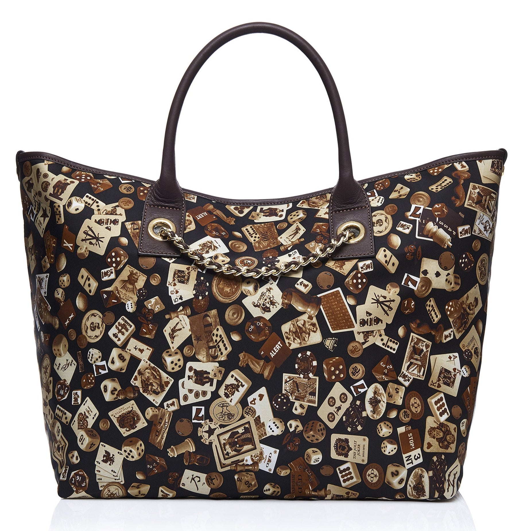 Macao Borsa shopping grande con catene in Nylon con Disegno Gambling Classic Marrone/Cacao