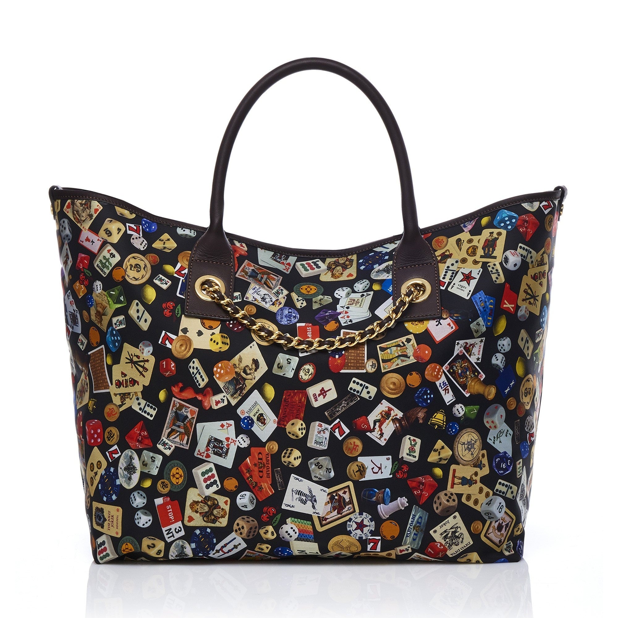 Macao Borsa shopping grande con catene in Nylon con Disegno Gambling Multicolor Nero/Cacao