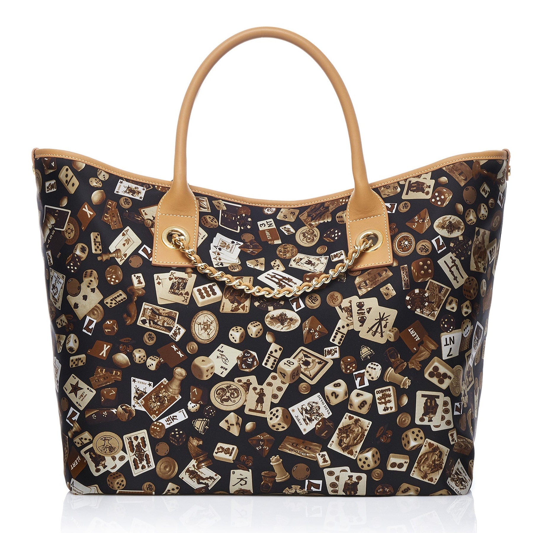 Macao Borsa shopping grande con catene in Nylon con Disegno Gambling Classic Marrone/Biscotto