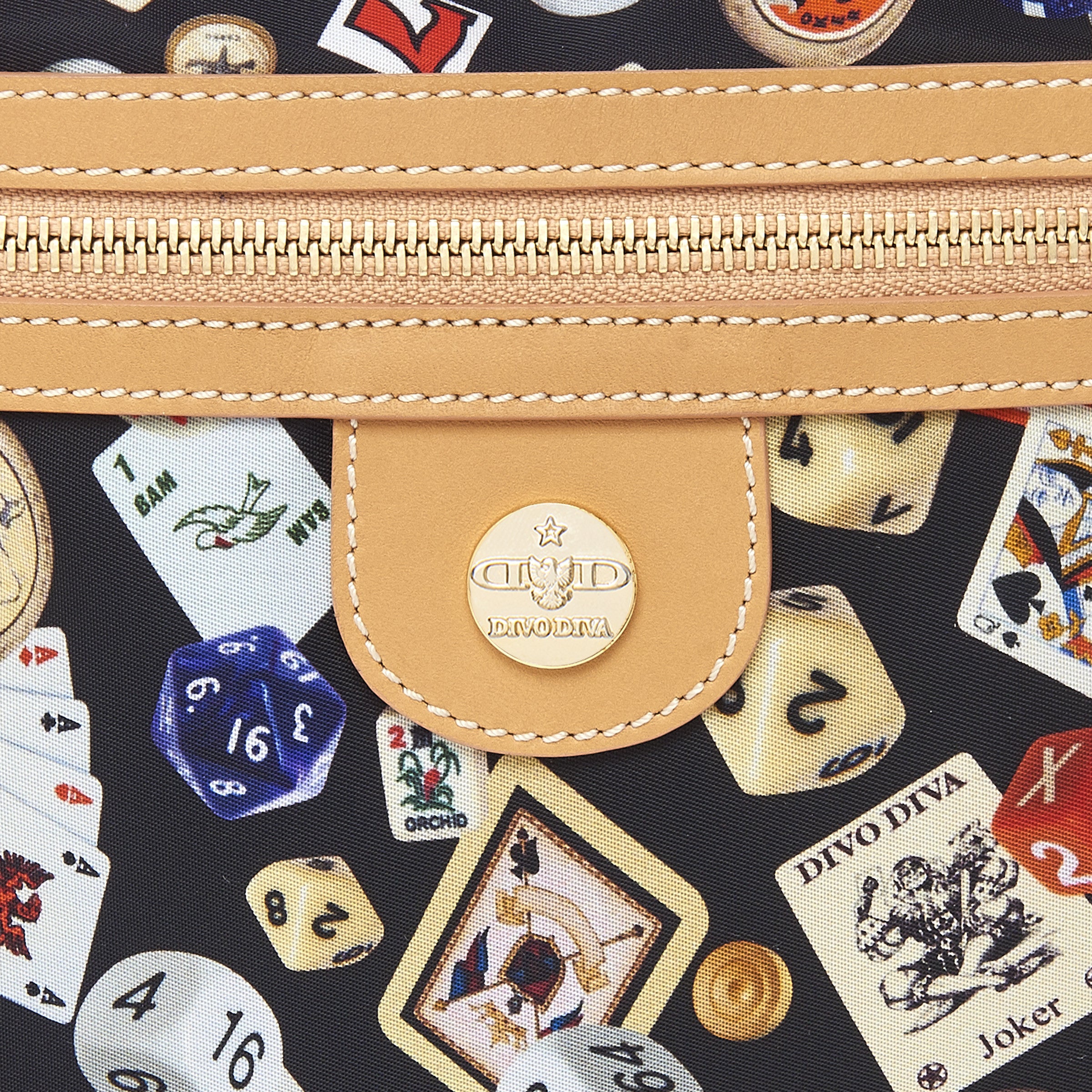 Madrid Flat Nylon Shoulder Bag with Multicolor Gambling Design Black/Biscuit