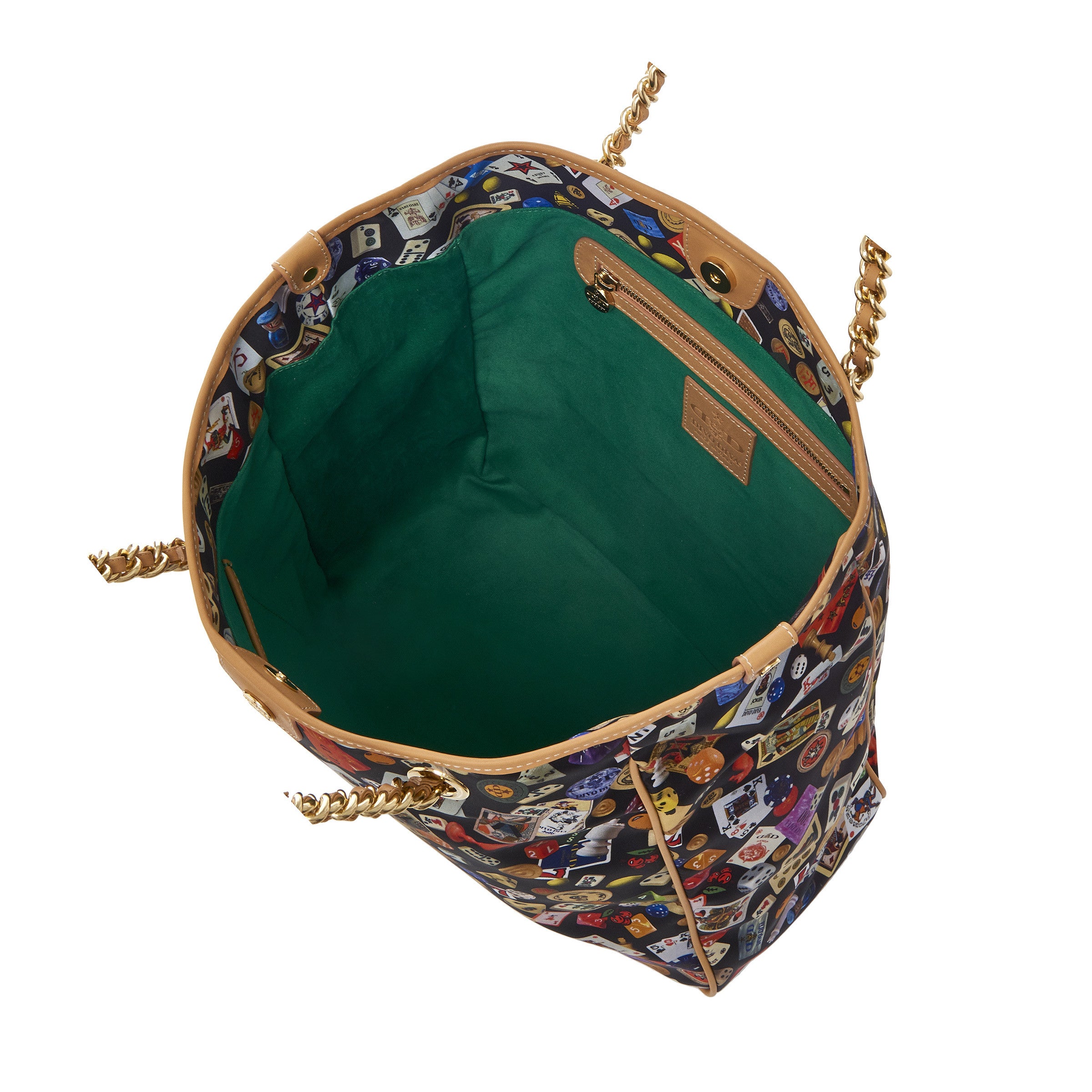 Miami Borsa shopping media con catene in Nylon con Disegno Gambling Multicolor Nero/Biscotto