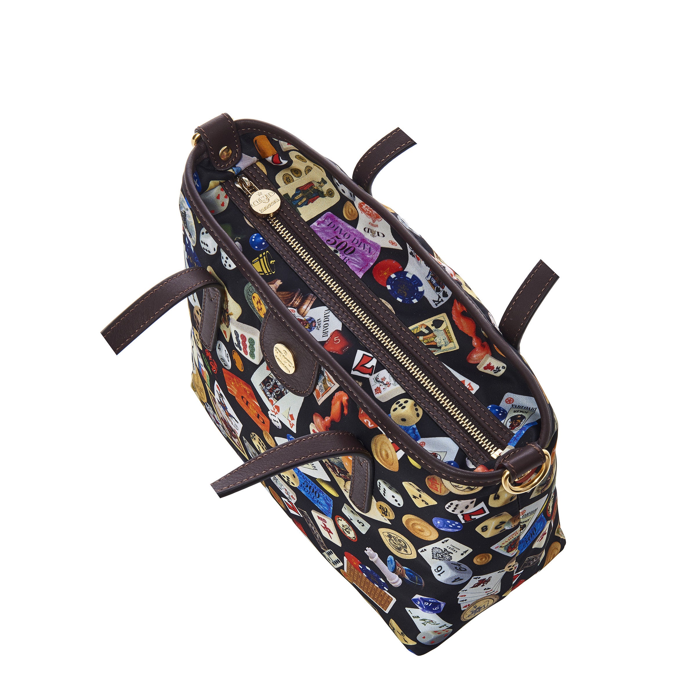 Niagara Borsa shopping piccola con tracolla in Nylon con Disegno Gambling Multicolor Nero/Cacao