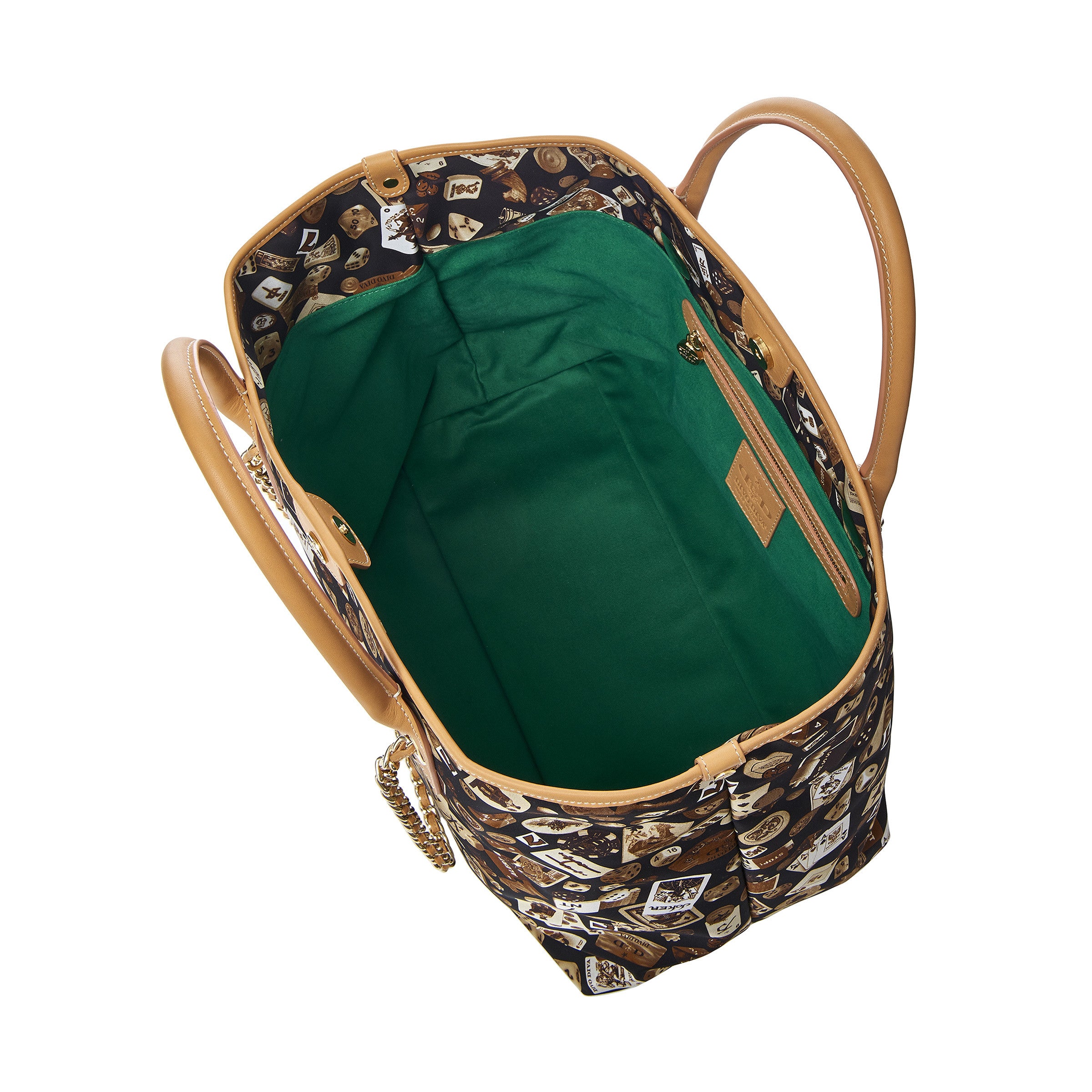 Macao Borsa shopping grande con catene in Nylon con Disegno Gambling Classic Marrone/Biscotto