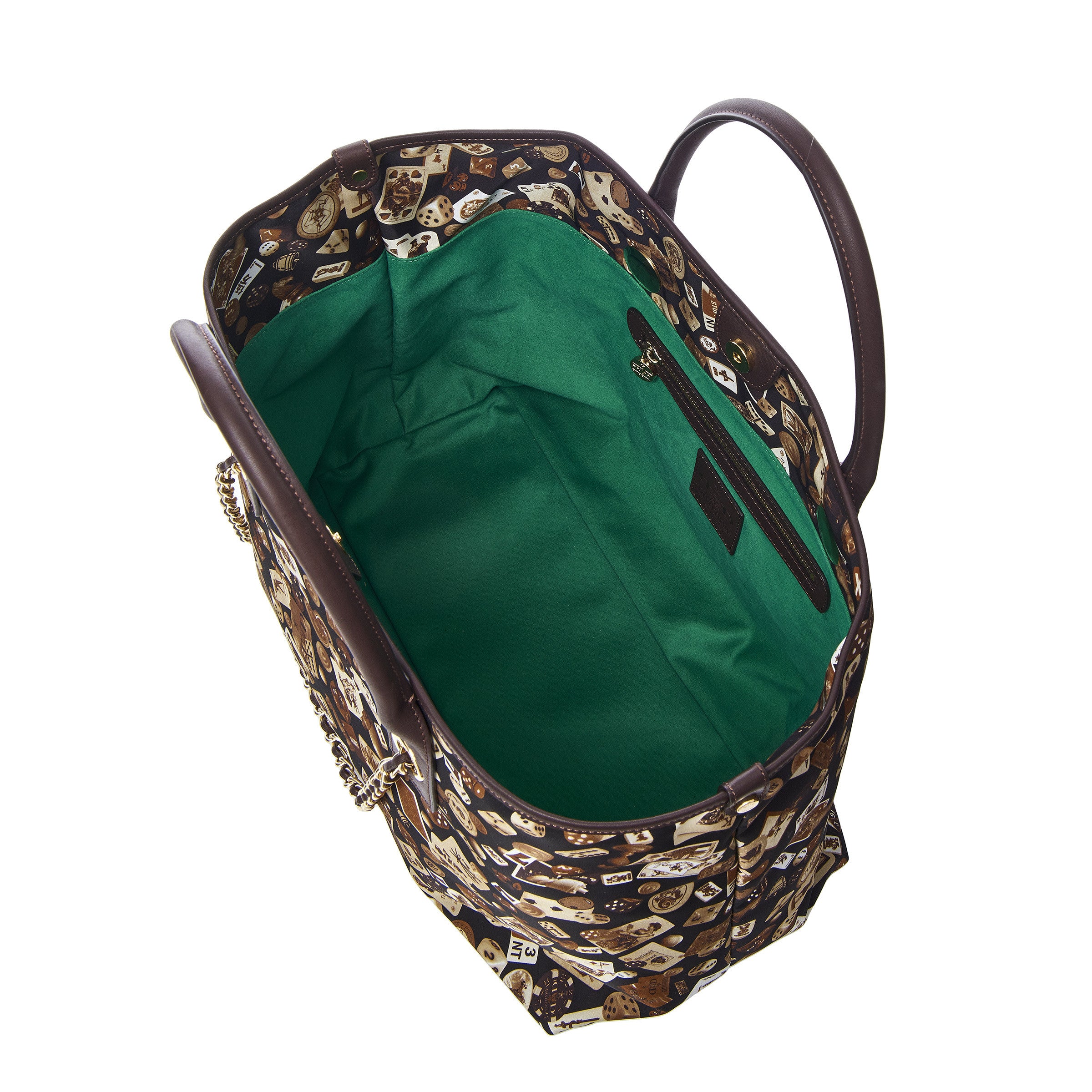 Macao Borsa shopping grande con catene in Nylon con Disegno Gambling Classic Marrone/Cacao