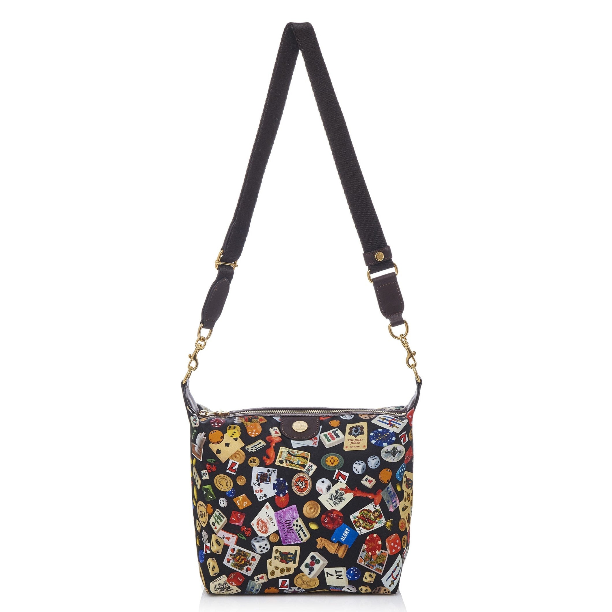Dublin Tracolla in Nylon con Disegno Gambling Multicolor Nero/Cacao