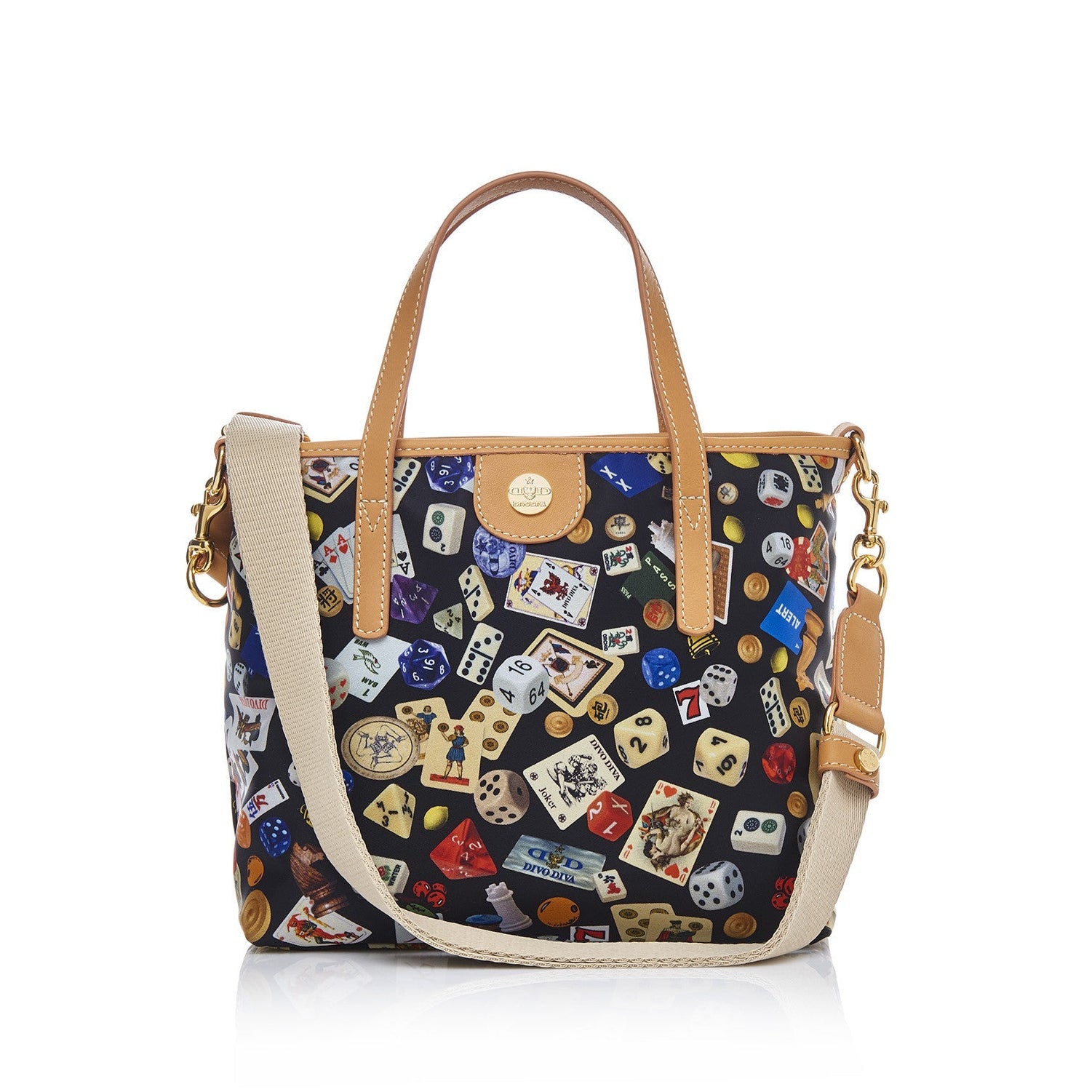 Niagara Borsa shopping piccola con tracolla in Nylon con Disegno Gambling Multicolor Nero/Biscotto